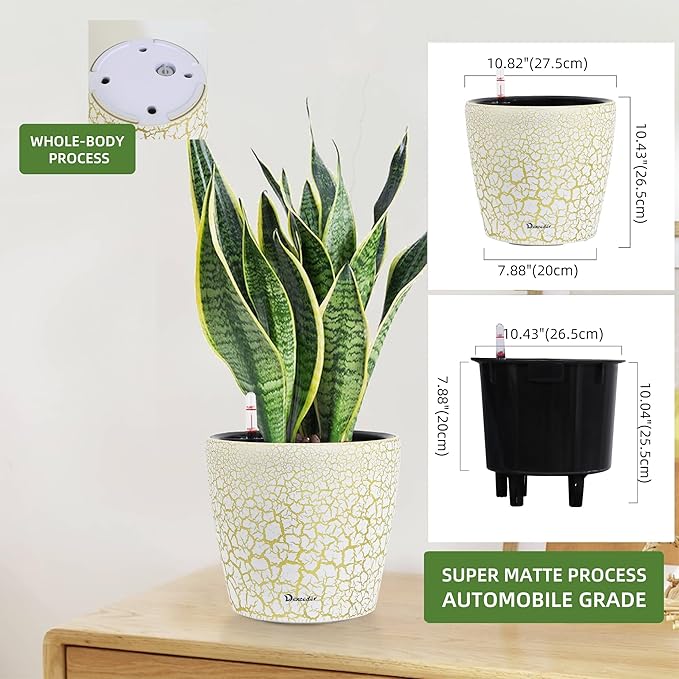 Dexceder 11x10 Inches Self Watering Planter Indoor Outdoor, Inner Pot Design, Thickened Table Flower Plant Pot with Water Level Indicator (White Gold Crackle)