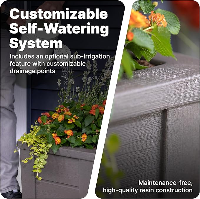 Step2 Lakewood Square Planter Box, Outside All-Season All-Weather Gardening Pot for Patio and Front Porch, Dark Cedar, 2-Pack