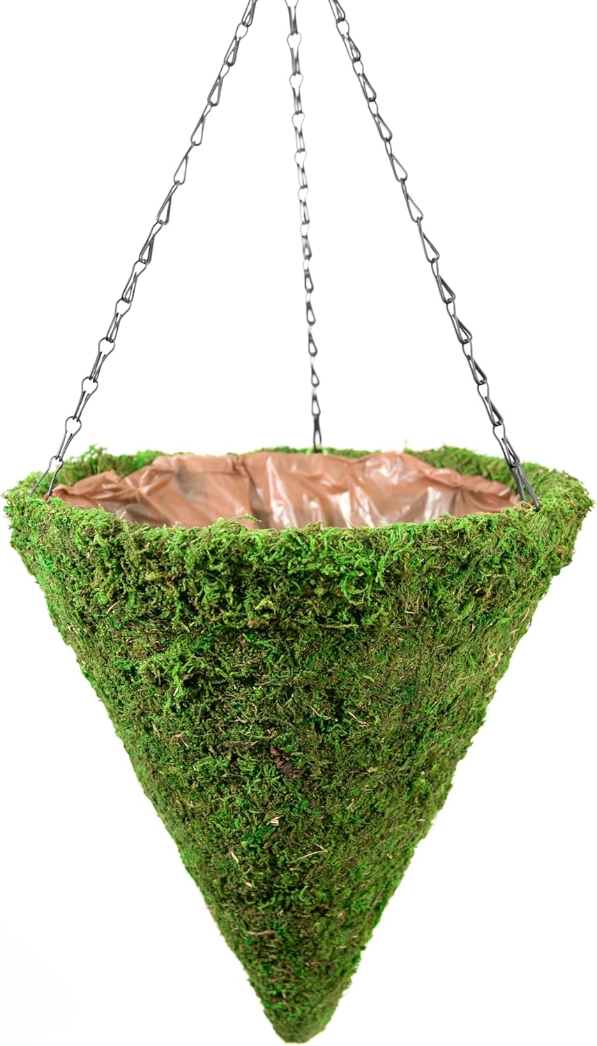 SuperMoss (29280 MossWeave Hanging Basket | Outdoor Hanging Planter with Moss | Decorative Plant Hanger for Porch, Balcony, Garden & Home Décor, Cone, Medium 12.5” D, Green