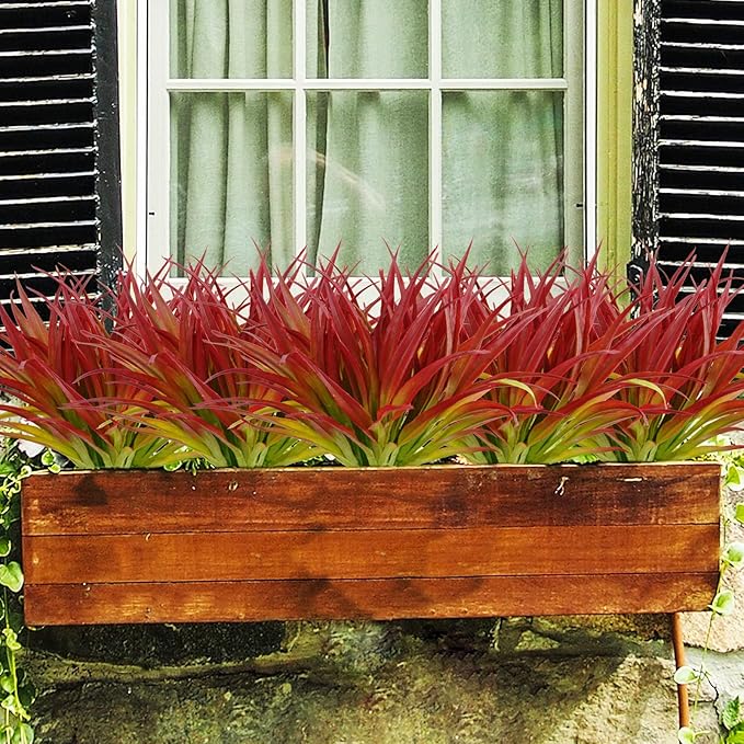 16Pcs Artificial Grass Fake Plants 17.3in Outdoor Plants UV Resistant Greenery Stems Fake Grass for Home Window Garden Office Patio Pathway Front Porch Décor Light Green & Red