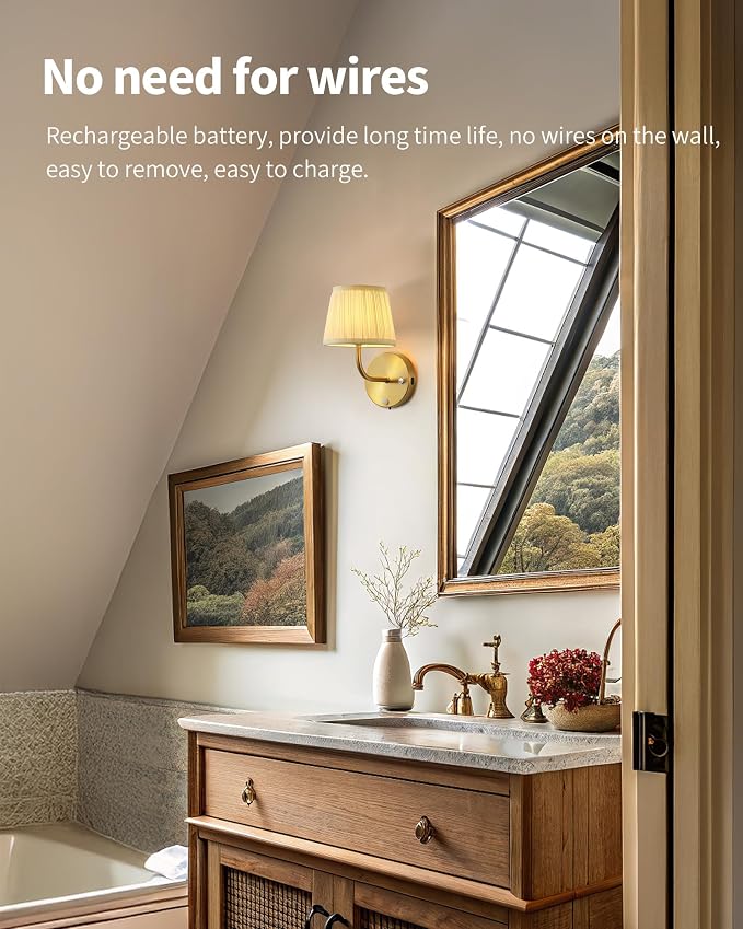 PUSU Motion Sensor Gold H9.6 inch Small Wall Sconces Set of 2, LED Cordless - Image 3