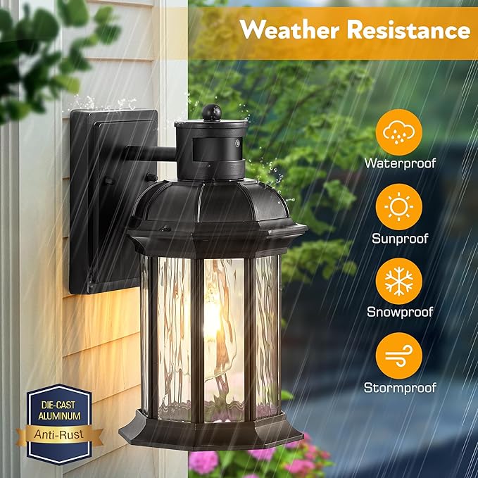 VIANIS Motion Sensor Outdoor Wall Lights, 2-Pack Black Outdoor Light Fixture, Exterior Lights for House, Front Porch Light Lantern Wall Mount Sconce Lighting, Dusk to Dawn Outside Lights for Patio