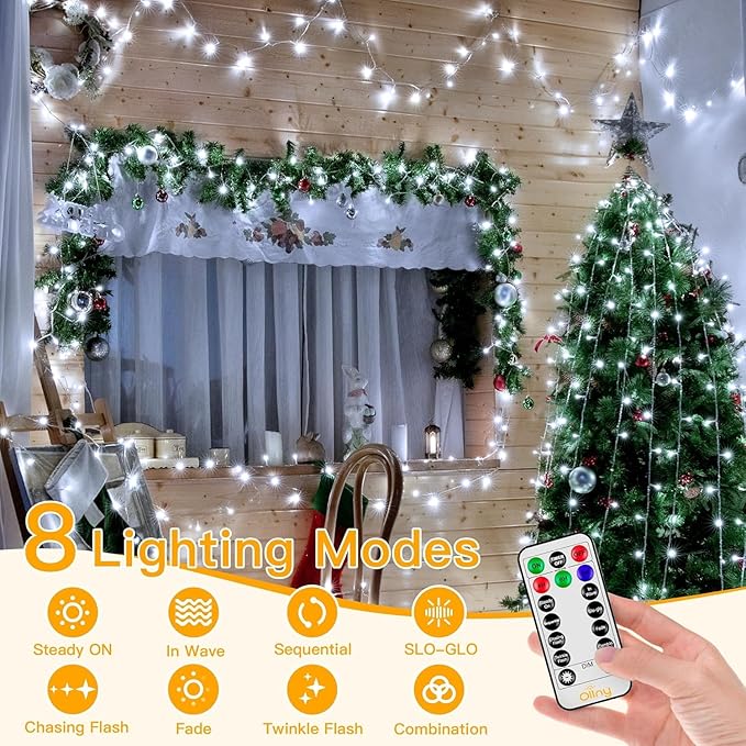 Ollny Christmas Lights Outdoor Waterproof, 1000LED 328FT Super Long String Lights with Remote 3 Timer, Plug in 8 Modes Fairy Light for Outside House Bedroom Xmas Decorations, Cool White