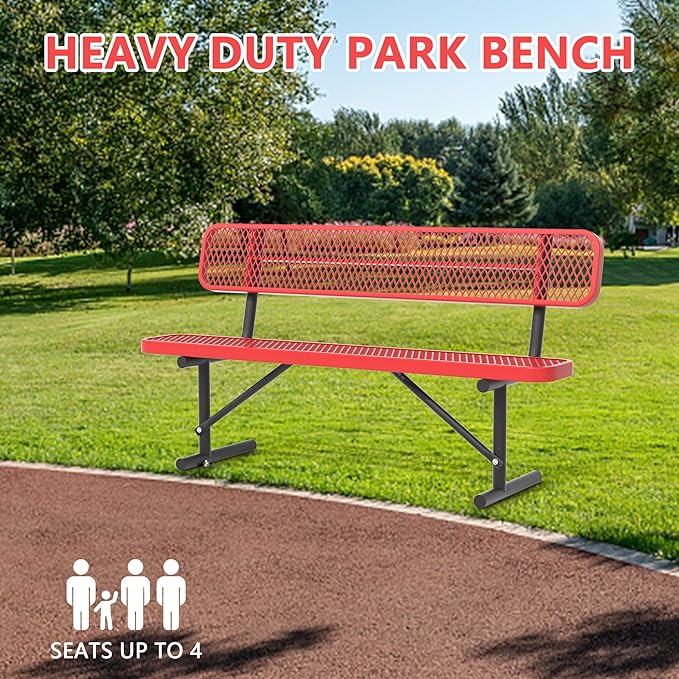 Heavy Duty Park Bench with Back Portable Frame, Outdoor Steel Bench with Backrest, Red Metal Bench Seat Expanded Metal Mesh Bench for Lawn, Park, Deck, Garden, Patio, Porch, Black (Red, 6FT)