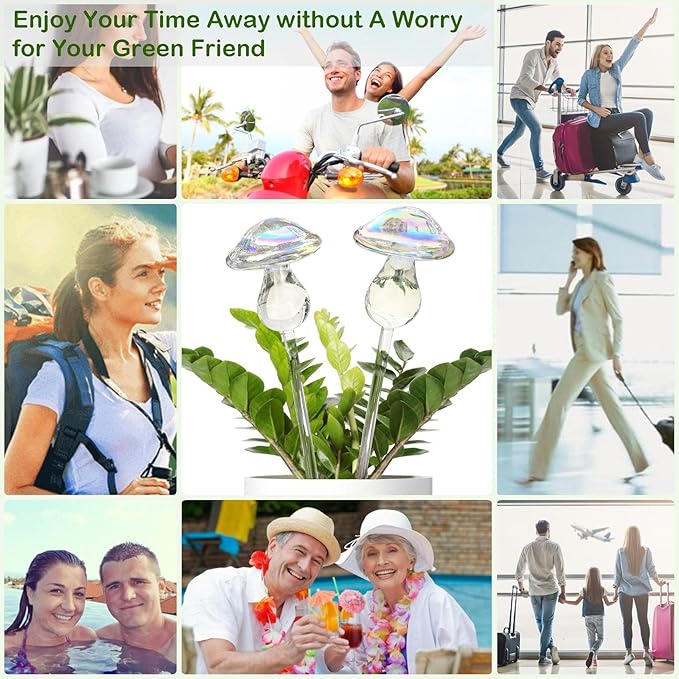 Kingbuy Plant Watering Globes Iridescent Mushroom Self Watering Planter Automatic Irrigation Device for Plant Indoor Outdoor, 2 Pack