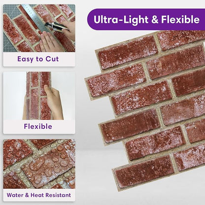 3D Peel and Stick Faux Brick Wall Panels 11.8" x 11.8" 10-Pack Red Orange - Image 5