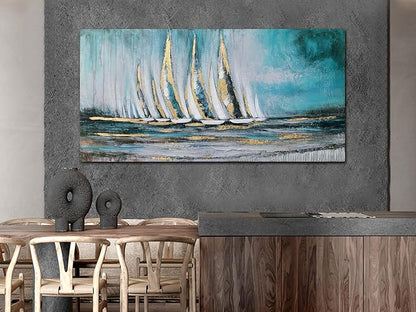 Anolyfi Blue Abstract Canvas Wall Art Teal Ocean Sailboat Picture Modern - Image 5