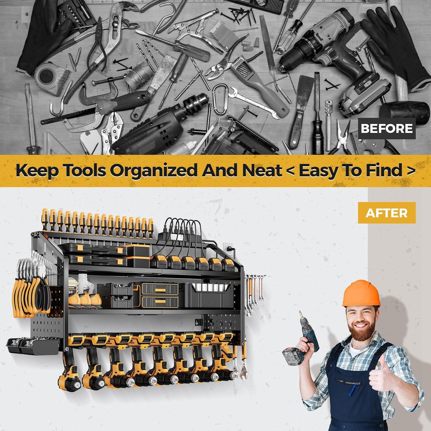 LBT Large Power Tool Organizer Wall Mount with Charging Station, 8 Drill Holder, 4 Layer Heavy Duty Metal Tool Storage Rack, 6 Power Strip, 8 Hooks, 2 Screw Boxes, Cool Gifts for Him Fathers Day