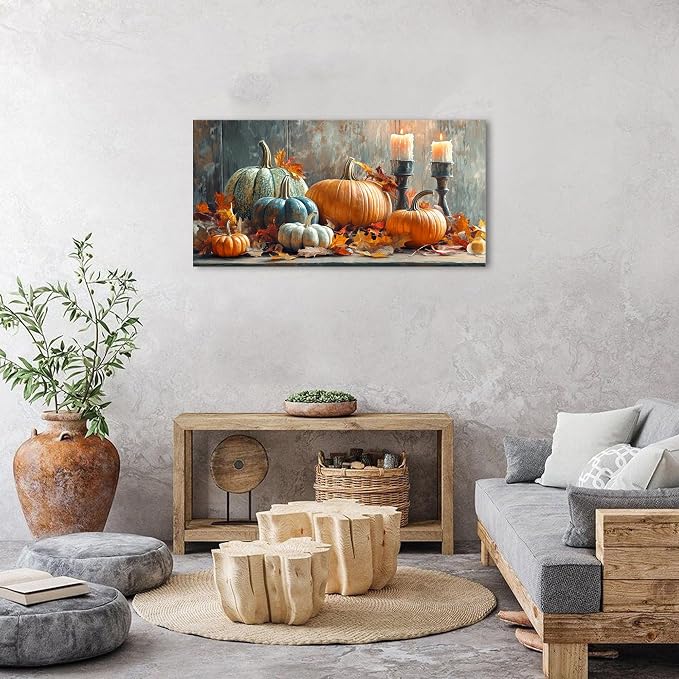 Farmhouse Kitchen Decor Pumpkin Wall Decor Maple Leaves Painting White Orange - Image 2