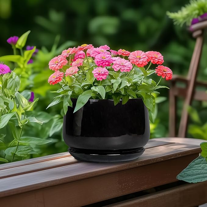 G EPGardening 6 Inch Planter - Ceramic Pot for Plants, Ceramic Planter with Drainage and Saucer, Round Flower Pot Indoor Outdoor, Modern Room Decor, Home Gifts, Black