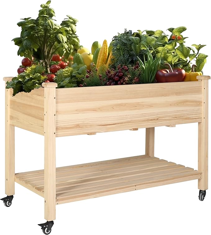 MUPATER 4x2FT Raised Garden Bed, Planter Box with Four Wheels and Legs for Herbs and Vegetables, Elevated Garden Bed with Drainage Holes for Outdoor Indoor, Natural Wood