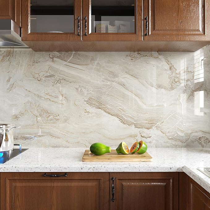 VEELIKE Glossy Beige Gold Marble Contact Paper - Image 6