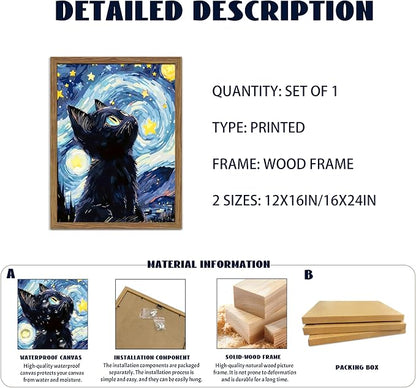 Framed Black Cat Wall Art, Van Gogh Starry Night Canvas Wall Decor, Cute Cat - Image 4