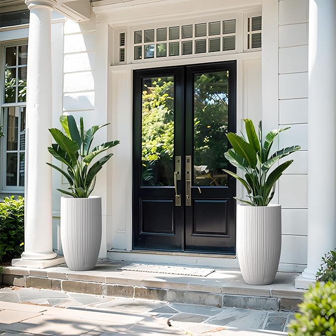 Kante 24 Inch Tall Round Concrete Planter, Large Indoor Outdoor Plant Pots with Drainage Hole and Rubber Plug, Modern Decorative Garden Pots for Home Patio Porch, Textured White