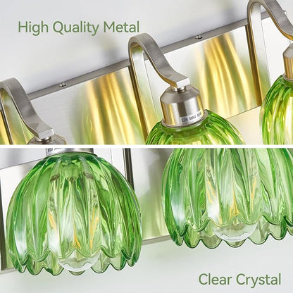 3-Light Vanity Lights with Green Tulip Glass Shade, Brushed Nickel Bathroom - Image 5