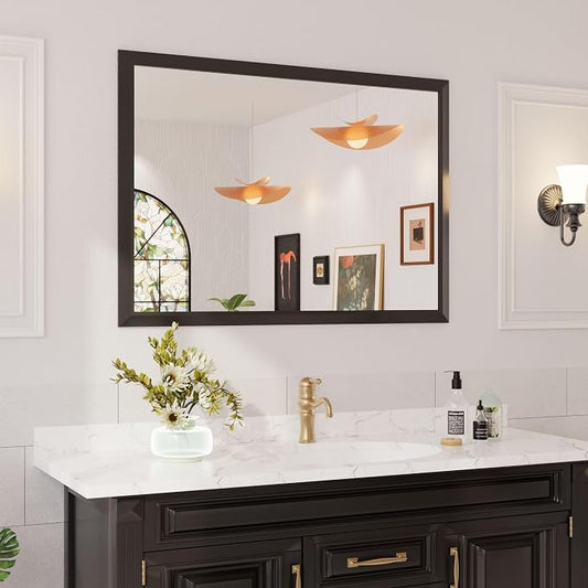 Amorho Bathroom Mirror Black, 50x36 Inch Thick Metal Framed Wall Mirrors by Amorho
