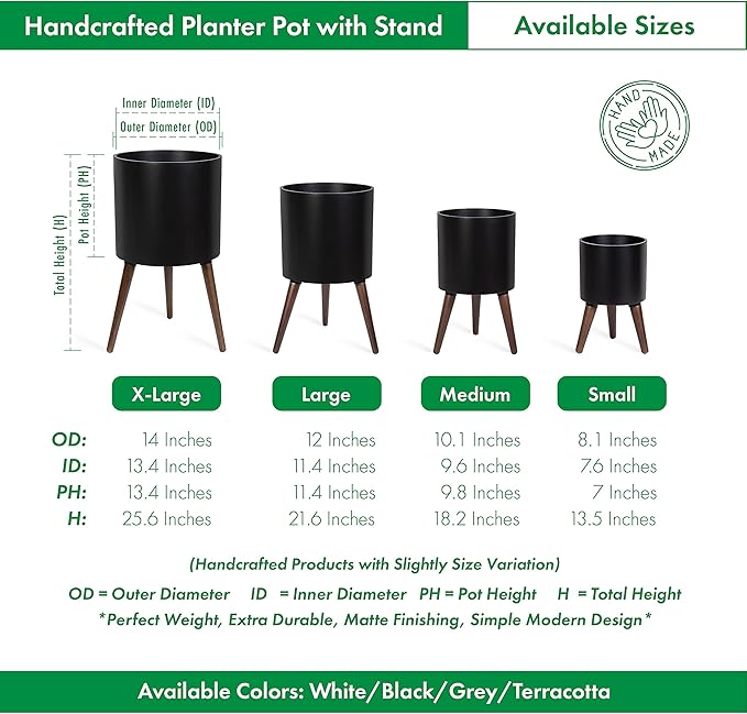 D'vine Dev 10 Inch Planter Pot with Stand, Mid-Century Tall Plant Pot with Legs for Indoor Plants, Medium, Black, 88-O-B-2