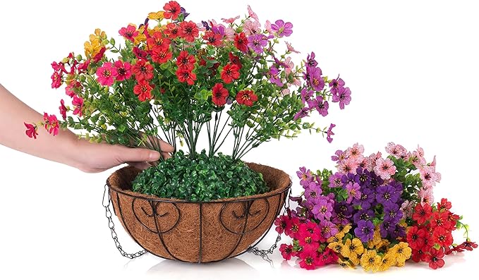 Artificial Fake Hanging Plants Flowers with Basket Outdoor Decor Faux Silk Dasiy Flower Arrangements in Pot Planter for Porch Home Indoor Patio Garden Yard Decoration