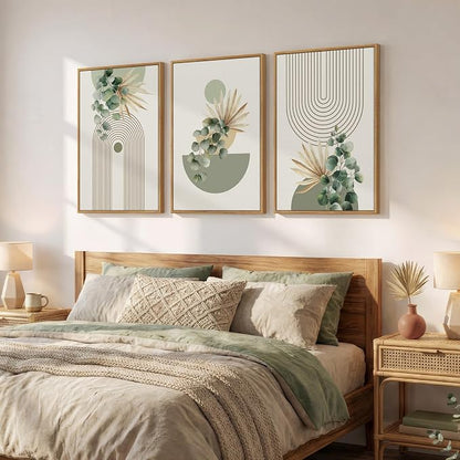 Framed Green Boho Wall Art for Living Room, 3 Piece Bohemian Botanical Canvas - Image 2