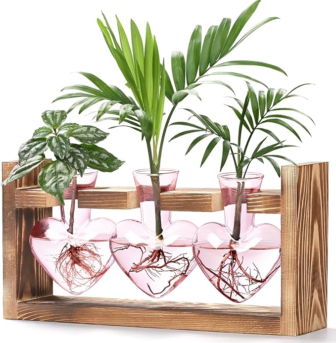Lifecapido Heart Shaped Propagation Stations, Plant Terrarium with Wooden Stand, Plant Propagation Station for Hydroponics Plants Office Garden Home Decor, Gifts for Women Plant Lover (3 Vases, Pink)
