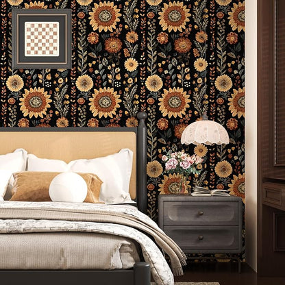 Boho Dark Floral Peel and Stick Wallpaper, Vintage Black Brown Flower Pattern - Image 2