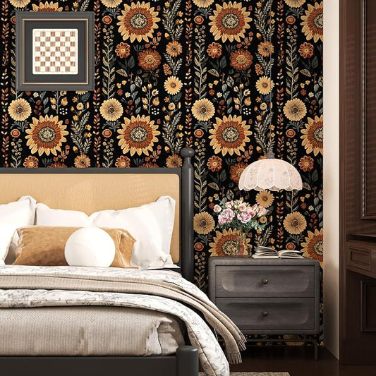 Boho Dark Floral Peel and Stick Wallpaper, Vintage Black Brown Flower Pattern - Image 2