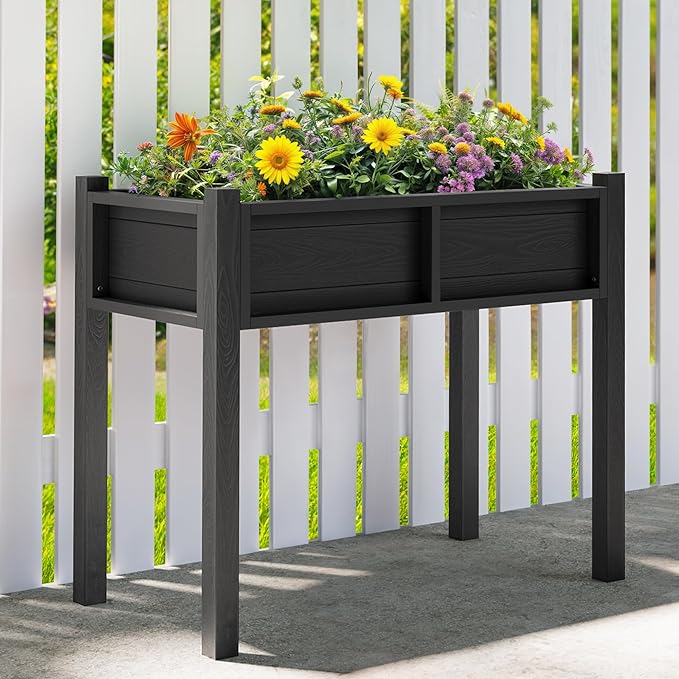 YITAHOME Raised Garden Bed, HIPS Poly Wood Elevated Planter Box with Legs and Drainage Hole, Small Flower Box Stand for Patio Balcony Garden Backyard, Black