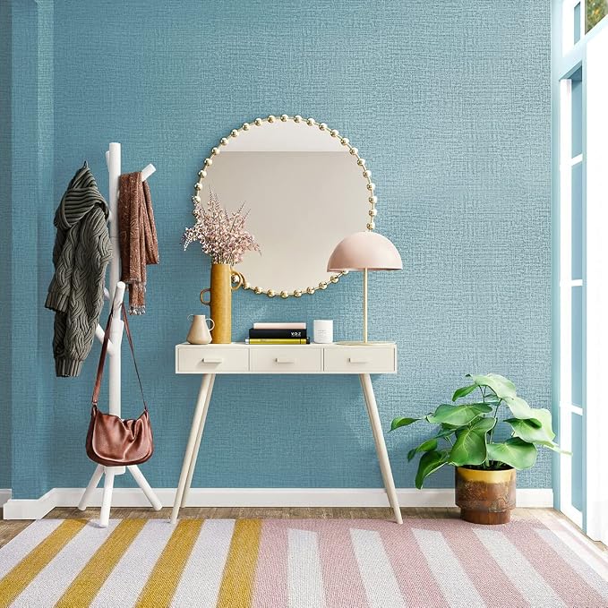 Teal Wallpaper Grasscloth Peel and Stick Wallpaper 17.7inch x 196.8inch Teal - Image 2
