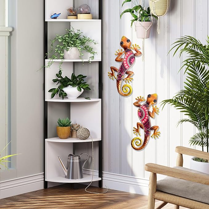 HONGLAND Metal Outdoor Wall Decor 2Pcs Gecko Wall Decoration Lizard Metal Hanging Wall Art Glass Sculpture for Garden Yard Patio Fence (Red)…