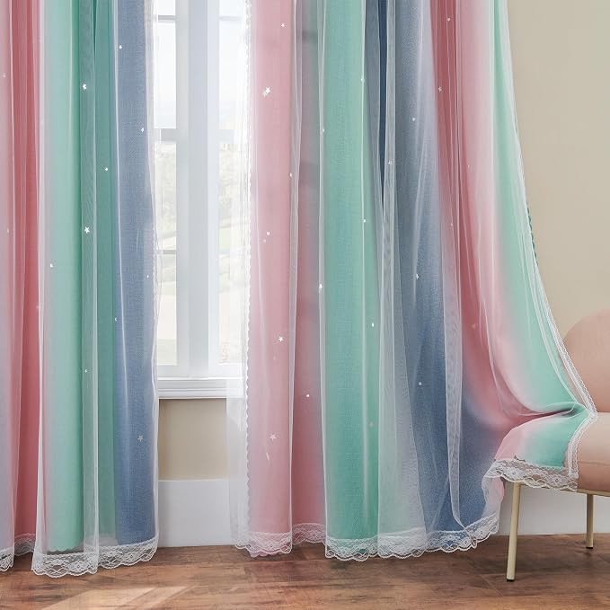 XiDi Curtains for Bedroom Decor, Rainbow Pinkgreen grey52/90 - Image 4