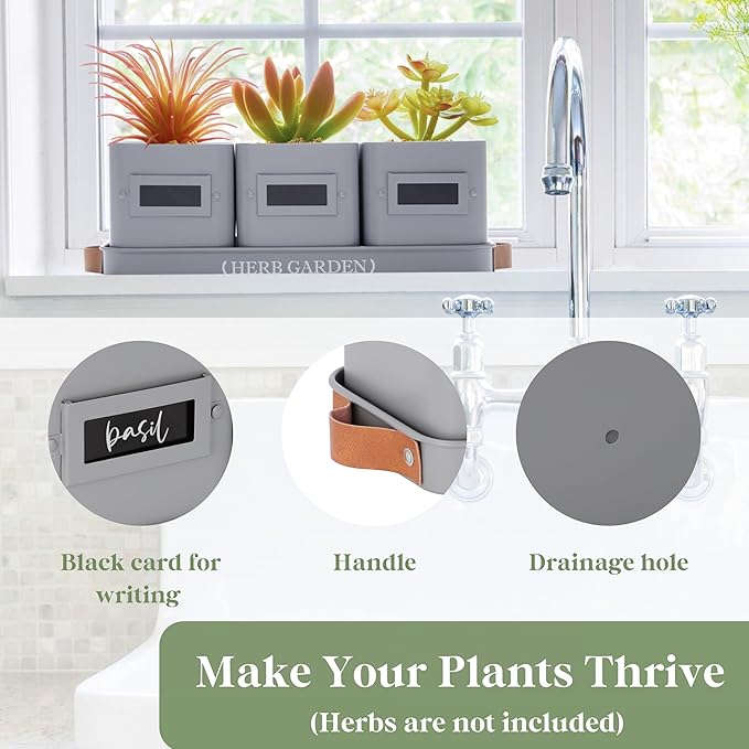 PERFNIQUE Indoor Herb Garden, Herb Garden Planter Set with Tray, Farmhouse Indoor Plant Pots, Windowsill Herb Garden with Drainage(Planter only) for Indoor/Outdoor, Window Pots(Grey)