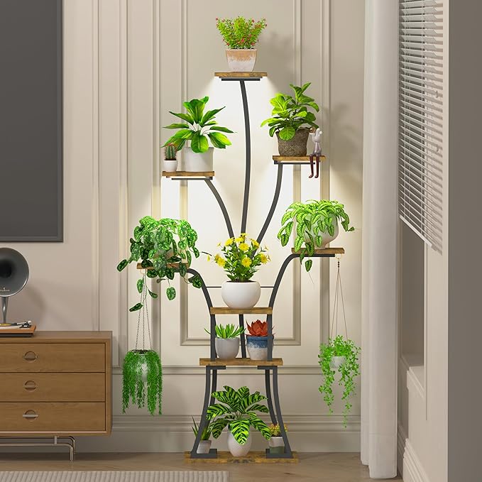 64" Tall 8 Tiered Plant Stand Indoor with Grow lights Large Tree Shape Decorative Rack Plant Pot Holder Gardening for Living Room Corner Black