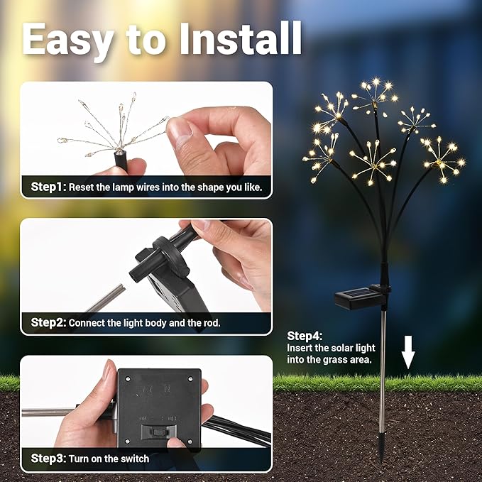 Solar Garden Decor Lights Outdoor, Solar Powered Lights Waterproof for Yard Patio Porch Flowerbed, Fairy Gardening Supplies Gifts Firwork (2 Pack)