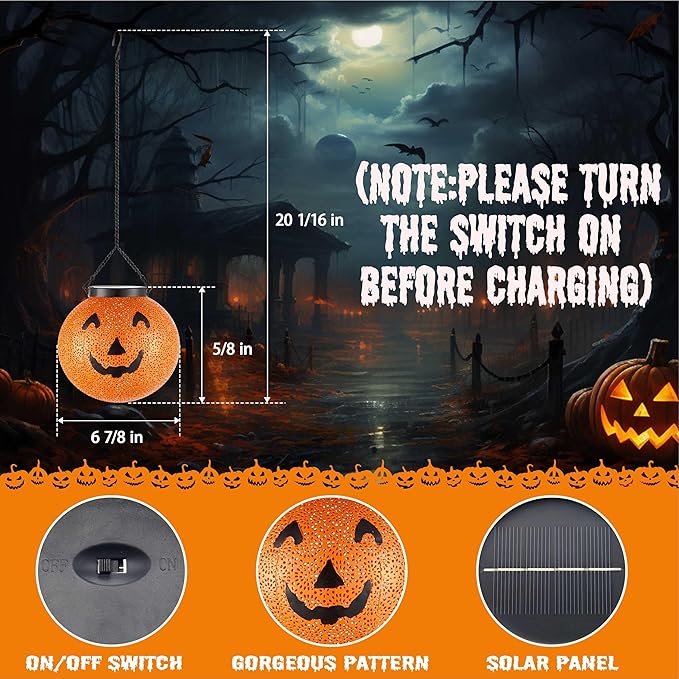 Halloween Solar Lantern Hanging Pumpkin Lights Outdoor Decoration - Solar Powered Lantern Lights Waterproof LED Decorative Lights for Porch Backyard Garden Tree Indoor Orange Halloween Lights Decor