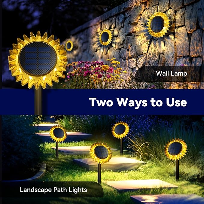 Hogni Solar Pathway Lights - 2 Pack LED Sunflower Garden Light, Waterproof Outdoor Decor for Wall, Lawn, Yard, Walkway, Patio, Landscape