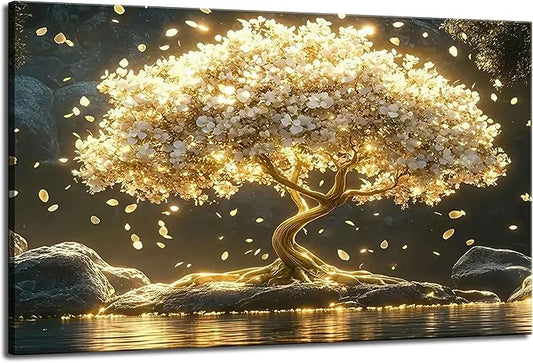Large Tree of Life Canvas Wall Art Abstract Gold Tree Mountain Lake Decor by TXNXFKSUWallArt