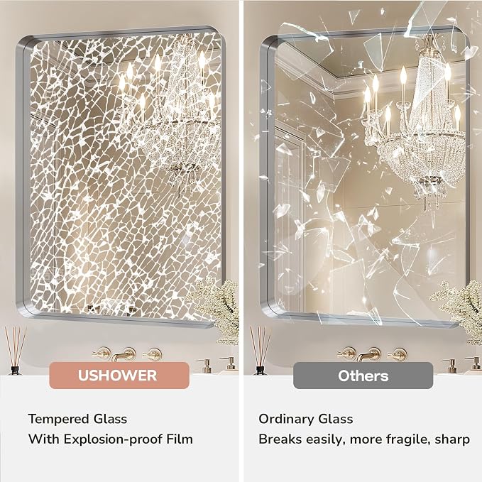 USHOWER Brushed Nickel Bathroom Mirrors 22"x30" 2 Pack, Rounded Corner - Image 3