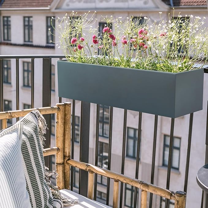 15 INCH Metal Railing Planter Boxes - Hanging Planter for Outdoor Balcony Fence, Durable All-Weather Use with Adjustable Brackets, Modern Décor for Flowers, Succulents, Hanging Plants, Grey