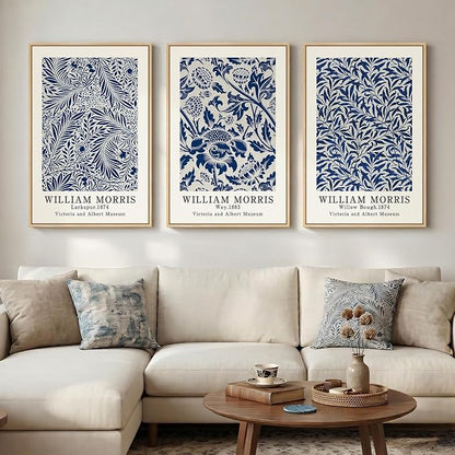 Large Framed Blue William Morris Wall Art Set of 3, Vintage Botanical Floral by Cuspin