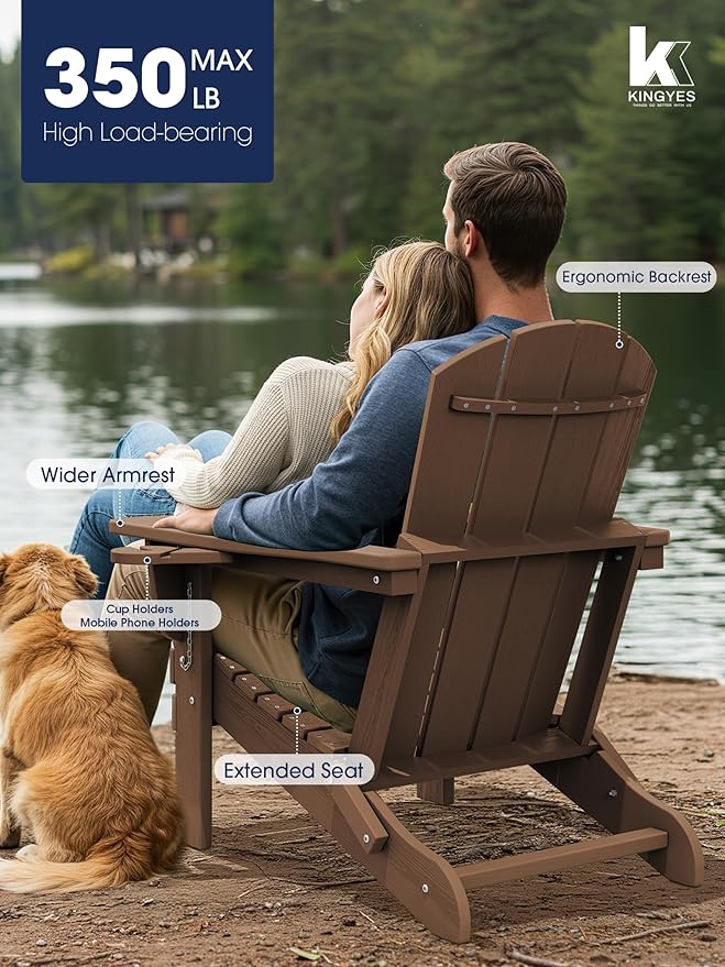 KINGYES Folding Adirondack Chair with Dual Cup Holders - HDPE All-Weather Outdoor Chairs, Brown