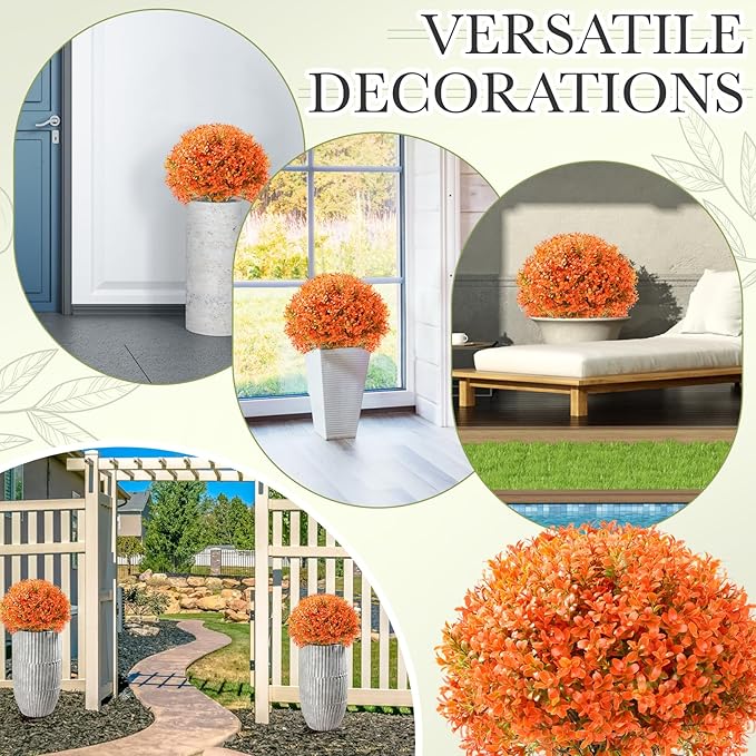 Yunlly 4 Pack 18" Artificial Boxwood Ball Bush Topiary Trees Fake Outdoor Plants, Realistic UV Resistance Faux Shrubs with Spike Greenery Topiary for Front Porch Garden Yard Patio Indoor (Orange)