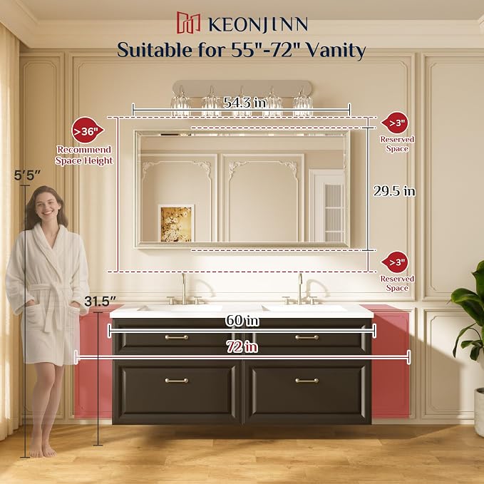 Keonjinn 55" x 30" Gold Bathroom Mirror, Brushed Gold Metal Framed Mirrors - Image 5