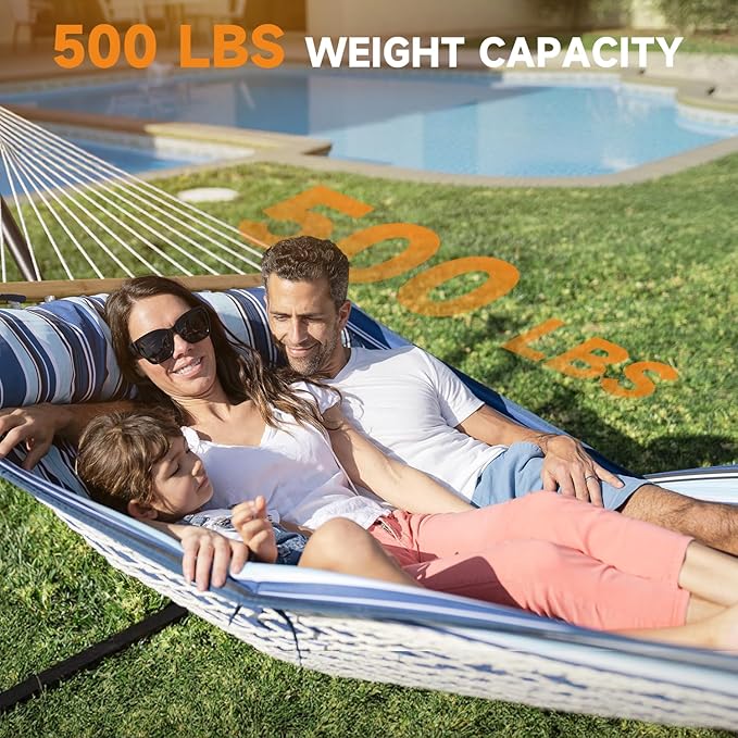 2 Person Outdoor Hammock with Stand, Cotton Rope Hammock with Polyester Pad, Adjustable Steel Frame, Portable with Carrying Bag – for Patio, Backyard, Garden, Beach, Blue