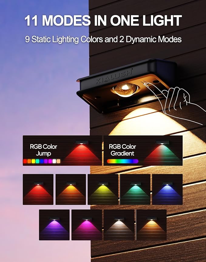 10 Pack Solar Fence Lights - 3 Modes, 9 Colors Outdoor Solar Lights, Waterproof IP 65, 35lm for Step, Stair, Deck, Wall, Patio, Walkway, Porch