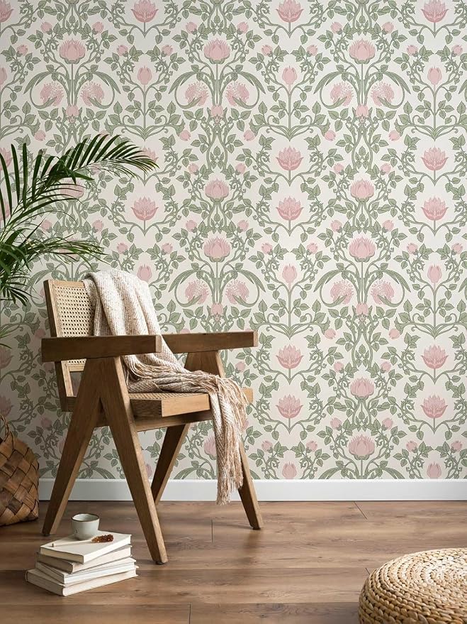 YXTII 590.5" × 17.3" Floral Wallpaper Peel and Stick Pink and Green Wallpaper by YXTII