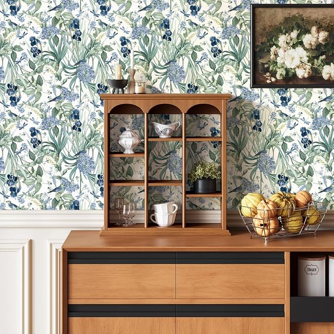 Floral Wallpaper Peel and Stick Blue Flower Contact Paper 16.9inch x118.1inch - Image 7