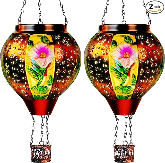 2 Pcs Hummingbird Solar Hot Air Balloon Lantern with Flame, Hot Air Balloon Decorations for Yard Porch Decor, Glass Large Hanging Outdoor Decor, Solar Lantern Waterproof, Hummingbird Gardening Gifts