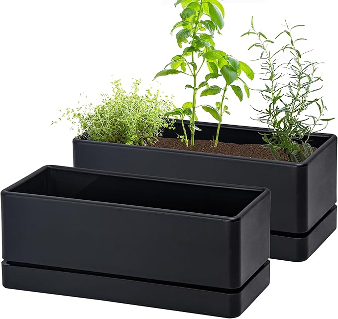 D'vine Dev 12 Inch Window Box Planter, Rectangle Plastic Herb Planter with Drainage Holes and Saucer, Indoor Succulent Cactus Vegetable Pot for Windowsill, Garden Balcony, Black, Set of 2, 76-X-B-2