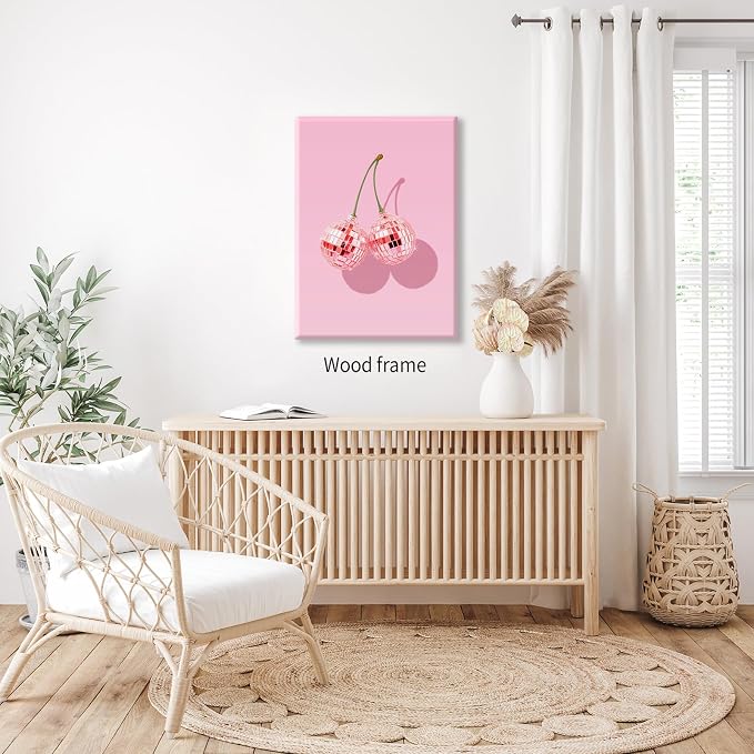 Funky Pink Cherry Poster Retro Disco Ball Canvas Wall Art 12X16 inch Framed - Image 5