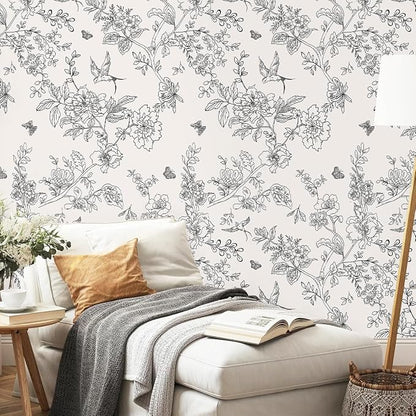 Froluya Black and Cream White Floral Wallpaper Peel and Stick Wallpaper - Image 9